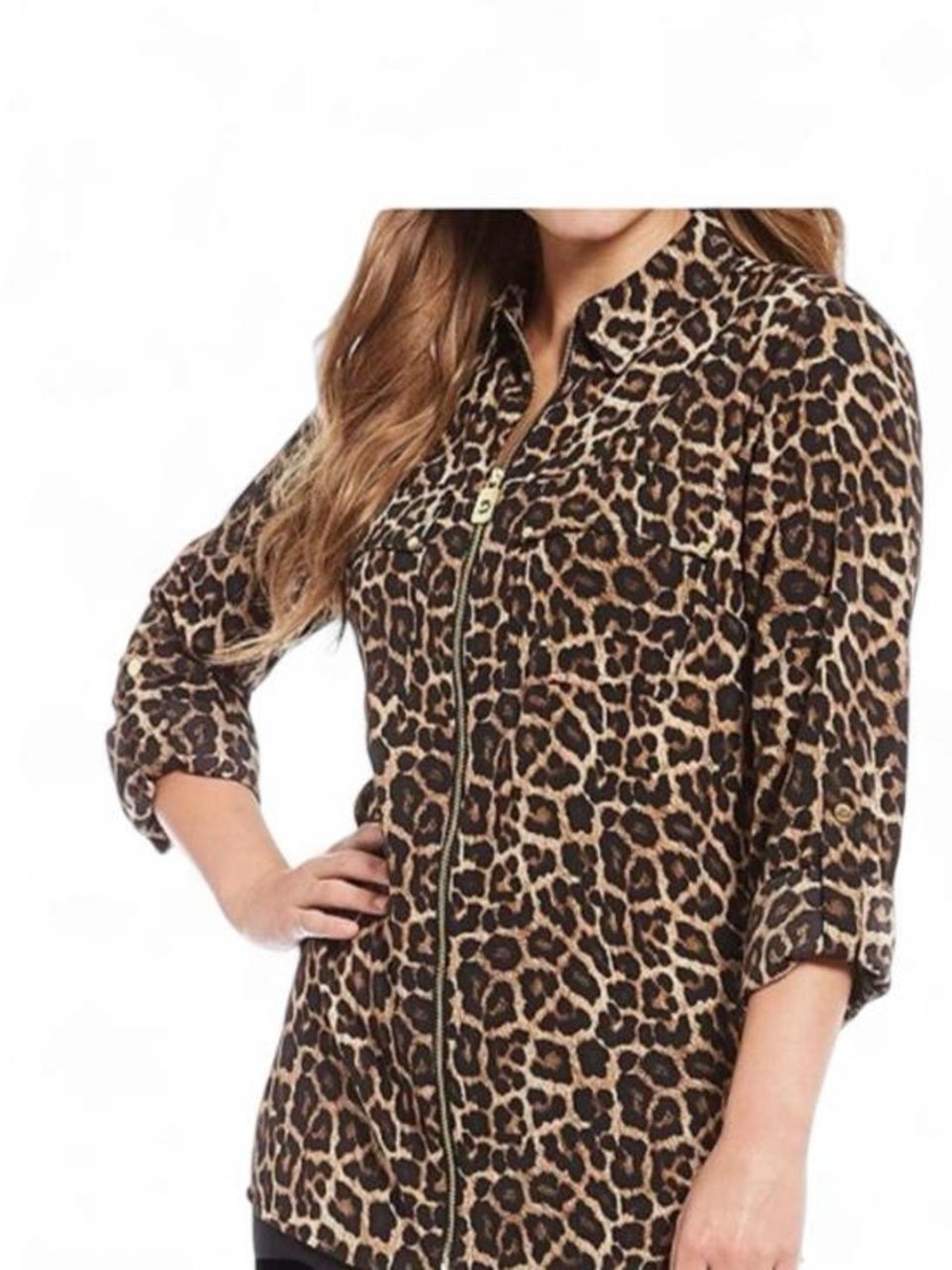 MICHAEL Michael Kors Leopard Zip-Front Button Down Shirt - Brown/Tan